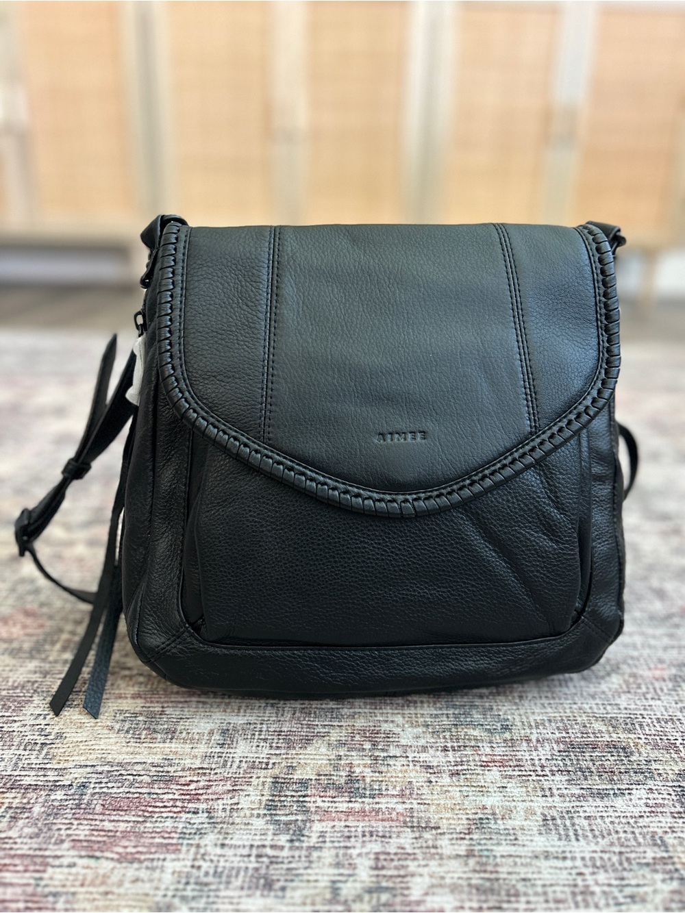 Aimee Kestenberg Black Leather Whipstitch Flap Crossbody